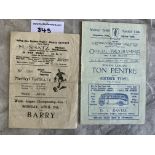 1940s Merthyr Tydfil Football Programmes: 45/46 v Barry with creasing and folding plus 48/49 v Ton