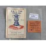 1951 FA Cup Semi Final Programme + Ticket: Newcastle v Wolves programme is fair with folding and