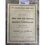 56/57 West Ham Reserves v Swansea Town Postponed Football Programme: Excellent ex bound unwritten