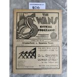 37/38 Swansea Town v Chesterfield Football Programme: Good condition 2nd Division League match