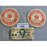 1964 Netherlands v England Football Ticket: Full International football ticket plus two beer mats