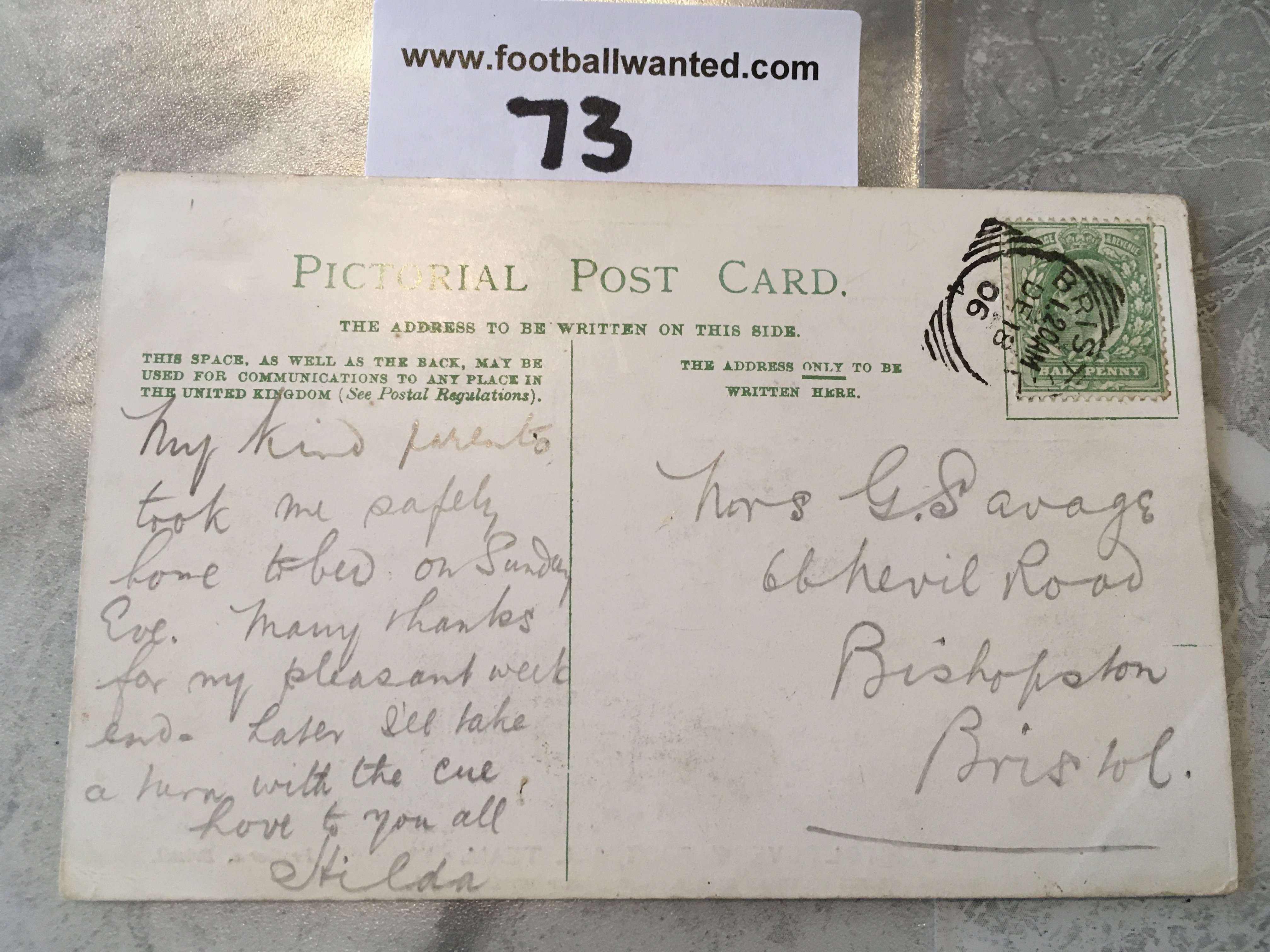 Bristol Rovers 1905/1906 Football Team Postcard: Very good condition with pencilled message and - Bild 2 aus 2