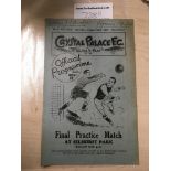 34/35 Crystal Palace Practice Match Football Programme: Four pager with writing to cover, fold and