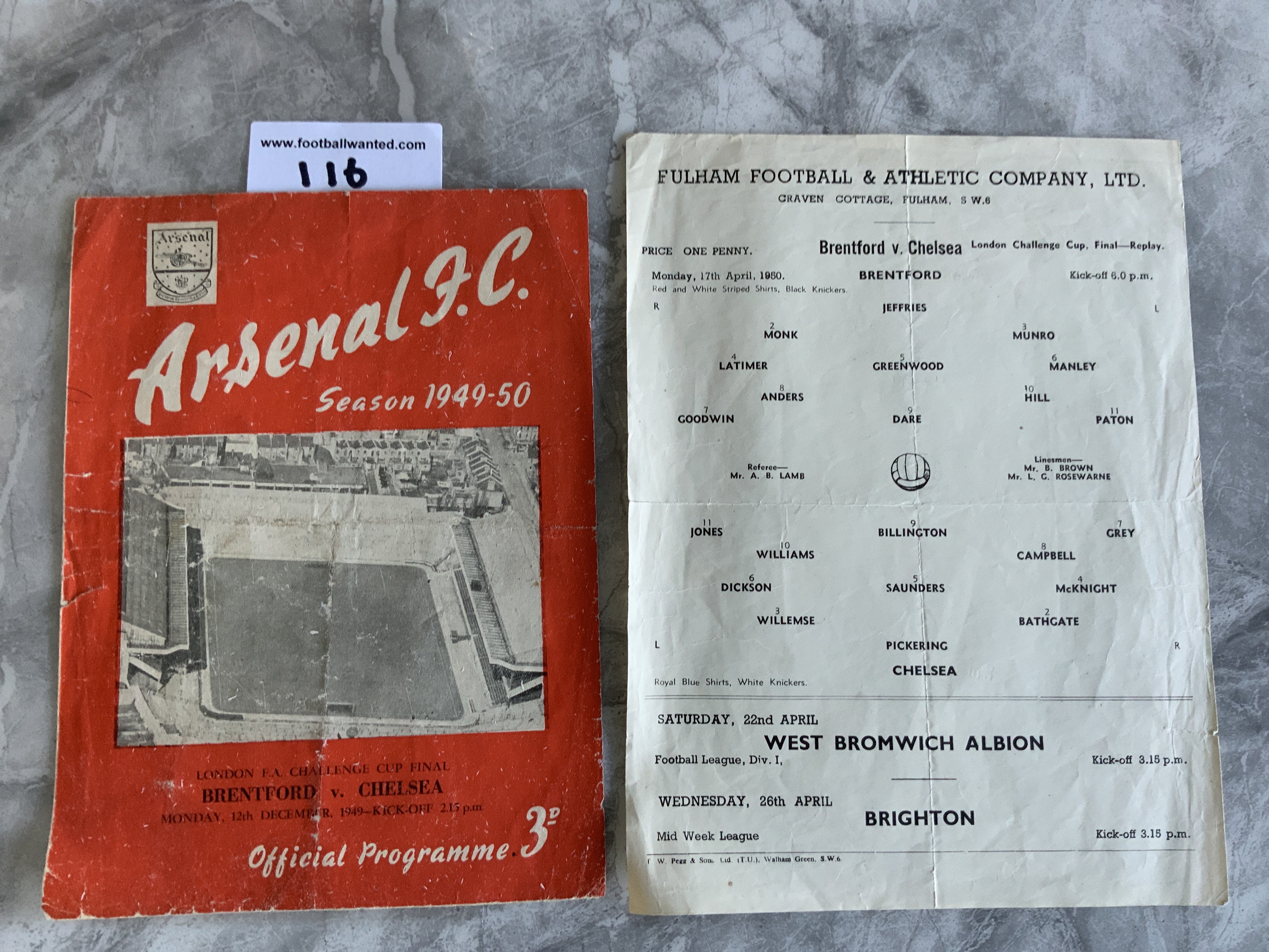 1950 London Challenge Cup Final + Replay Football Programmes: Brentford v Chelsea played at