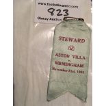 1931/32 Aston Villa v Birmingham City Stewards Badge: Silk with original safety pin to top measuring