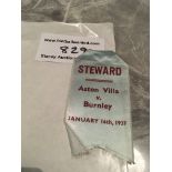 1933/34 Aston Villa v Burnley FA Cup Stewards Badge: Silk with original safety pin to top