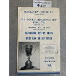 1959 Youth Cup Final Football Programme: Blackburn Rovers v West Ham in good condition with two