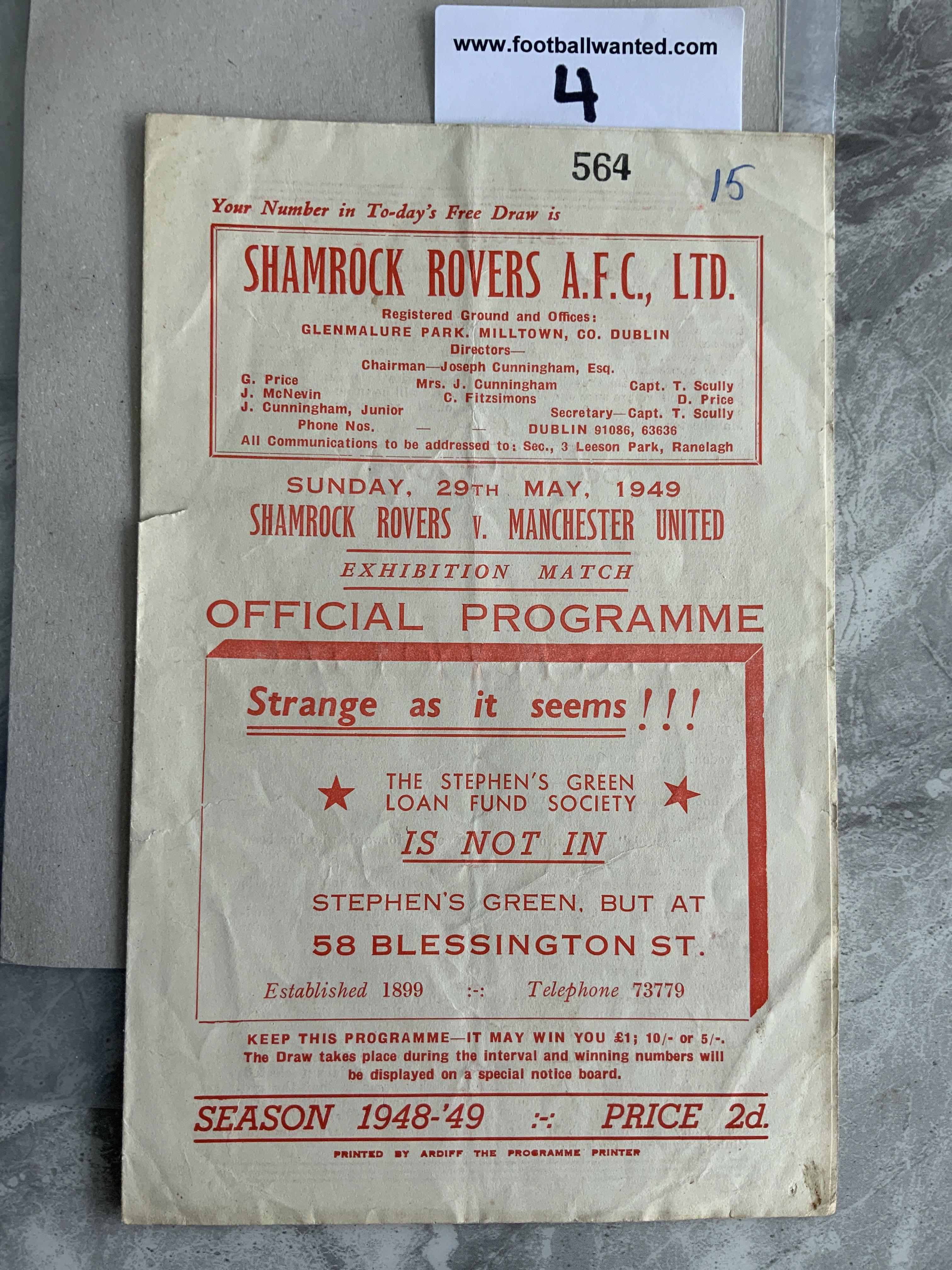 48/49 Shamrock Rovers v Manchester United Football Programme: Exhibition match dated 29 5 1949 in