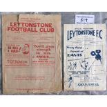 1930s Leytonstone v Walthamstow Avenue Football Programmes: 37/38 London Senior Cup with tears
