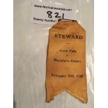 1929/30 Aston Villa v Blackburn Rovers FA Cup Stewards Badge: Silk with original safety pin to top