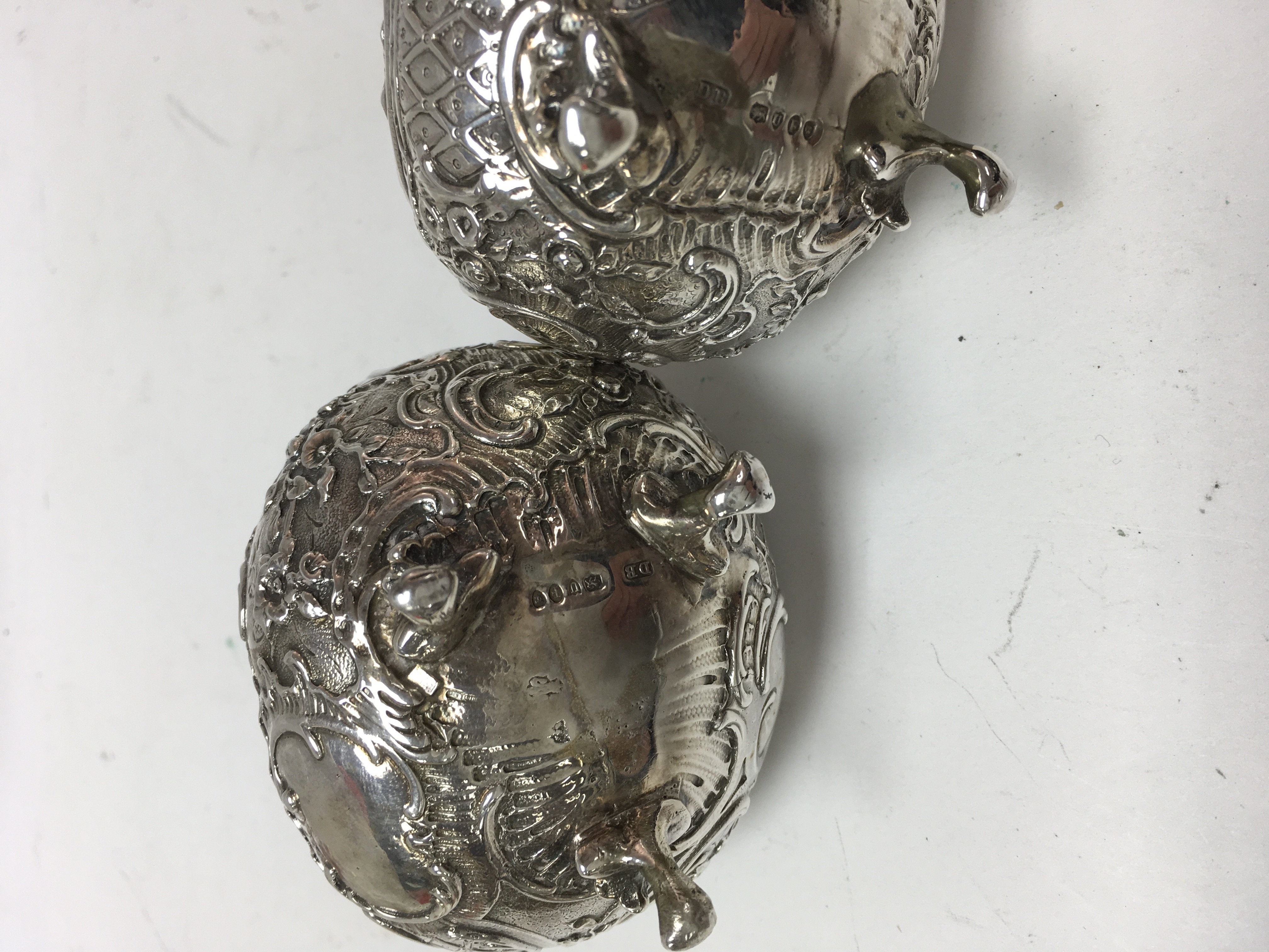 A pair of boat shaped silver salts with scrolled f - Image 2 of 2