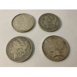 4 American silver dollar peices, 1884, 1890, 1921,
