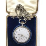 A silver cased pocket watch and silver chain.