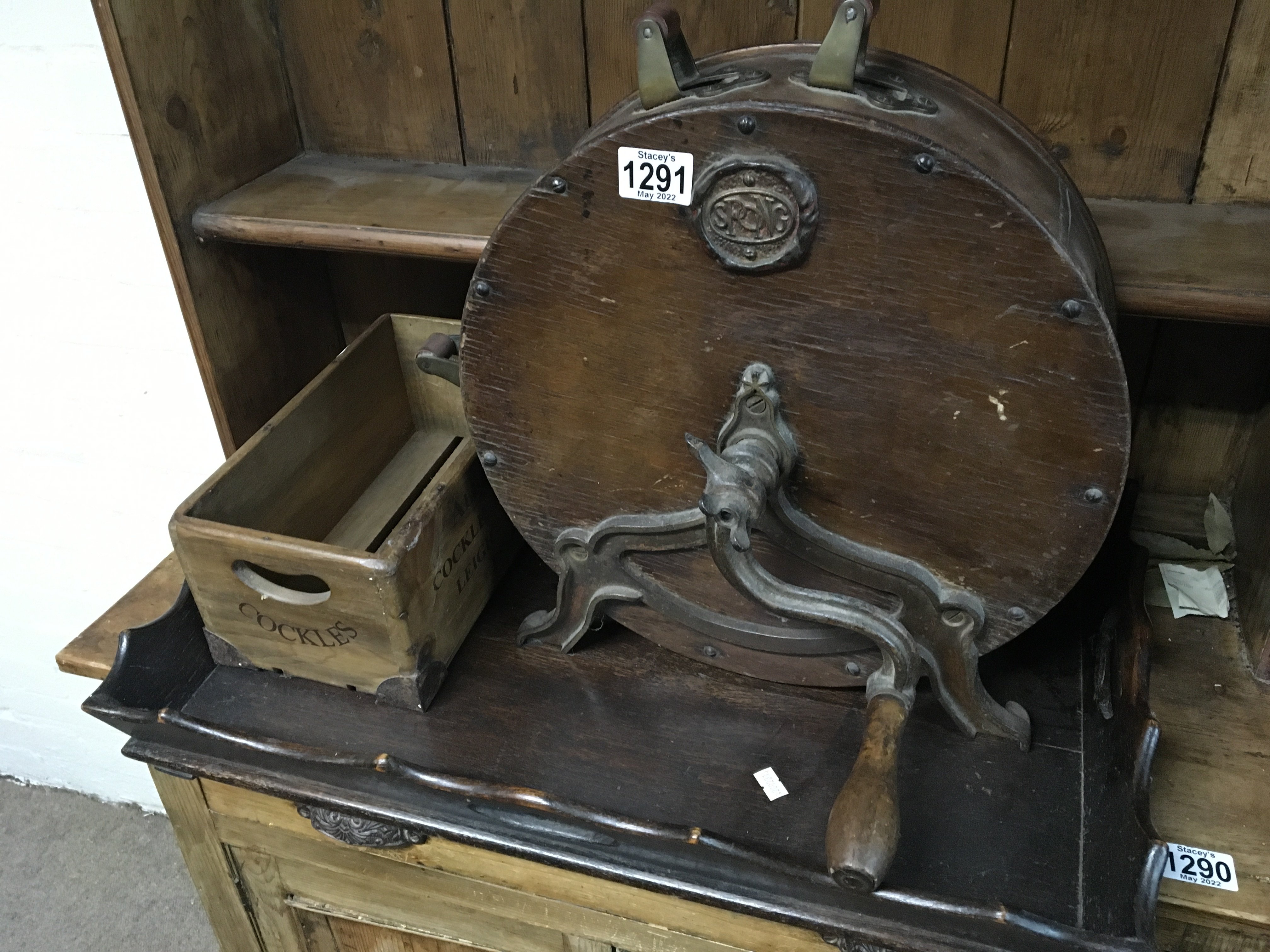 A Vintage knife sharpener a wooden tray and wooden