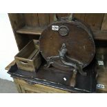 A Vintage knife sharpener a wooden tray and wooden