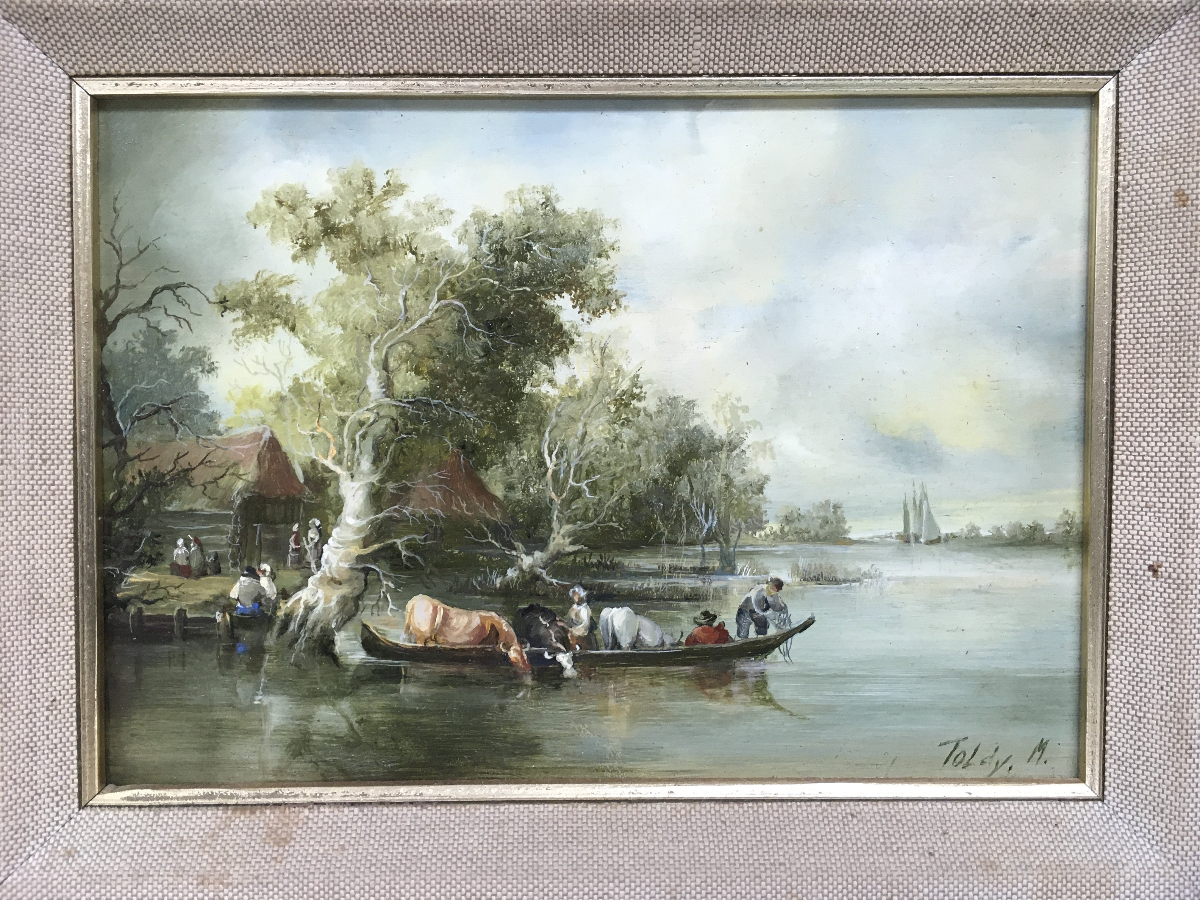 A gilt framed oil on board of a Dutch river scene - Bild 2 aus 2