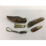 Five old pocket knives including an 1880s real lam