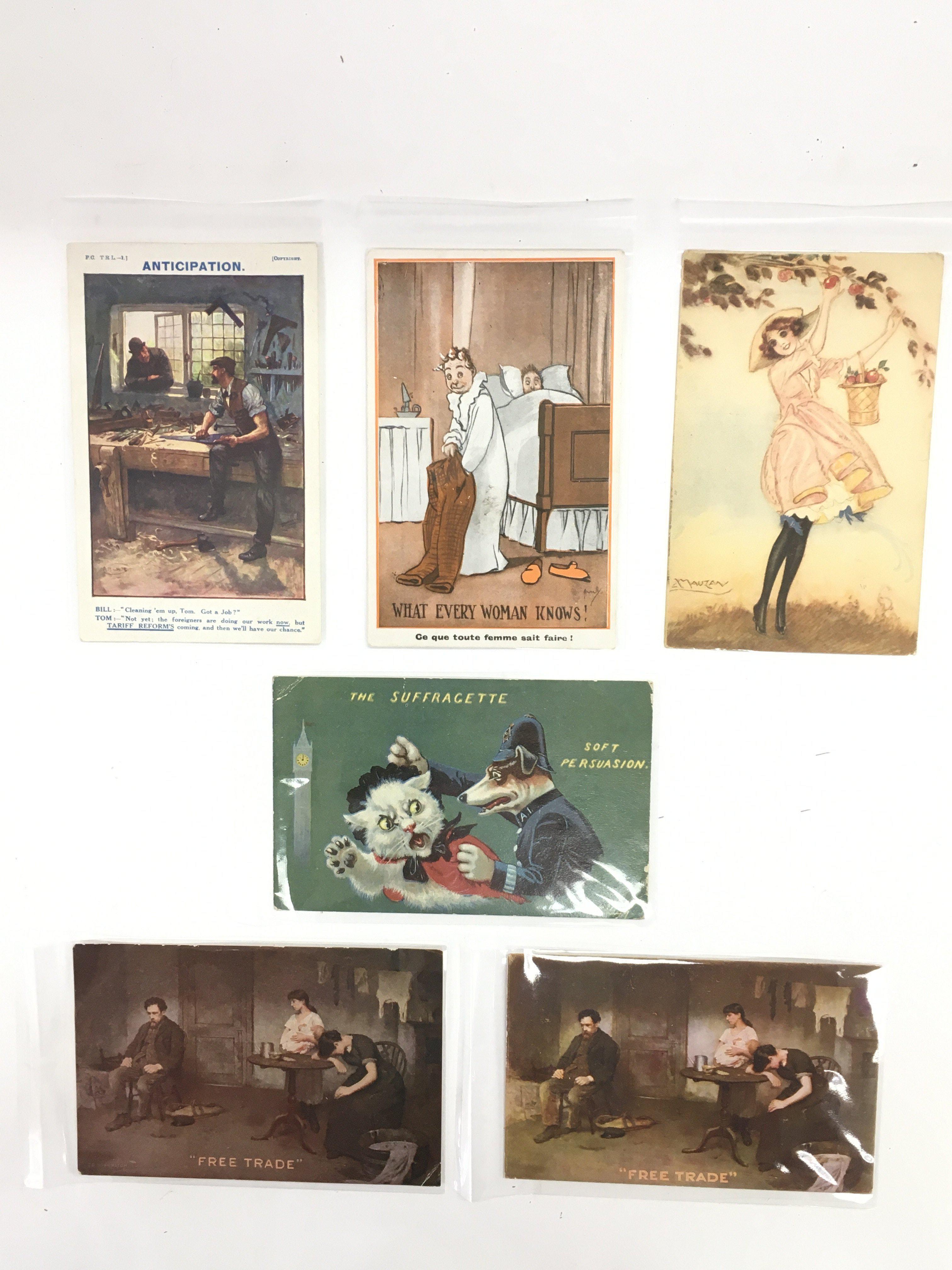 Six old postcards, subjects include Suffragettes a