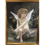 A large gilt framed oil on canvas of a winged cher