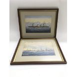 A pair of framed watercolour paintings of ships at