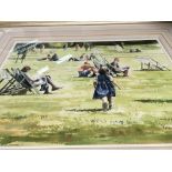 A framed watercolour depicting figures in a park s