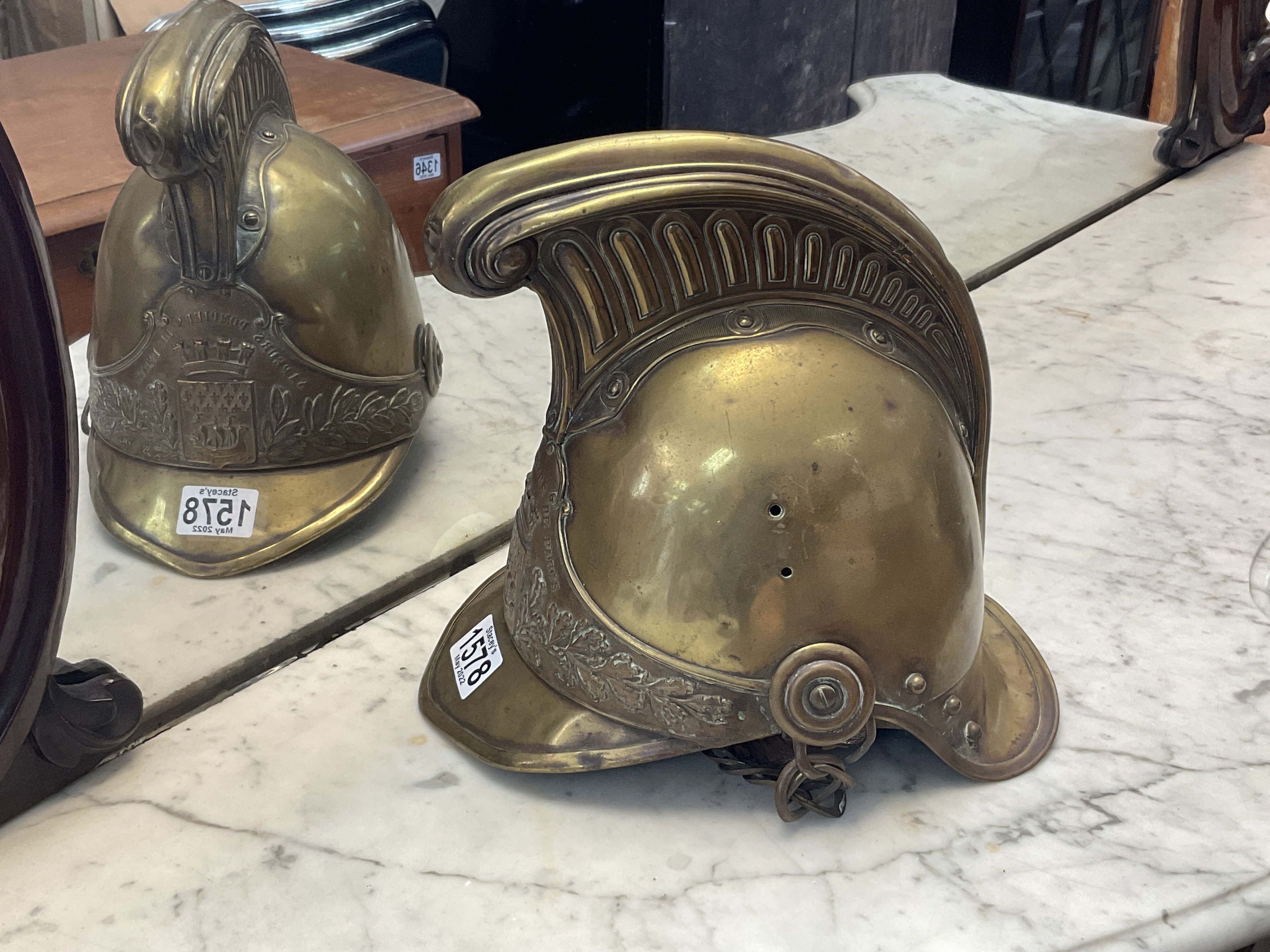 A 19thC French Brass fireman helmet, Sapiers, Pomp