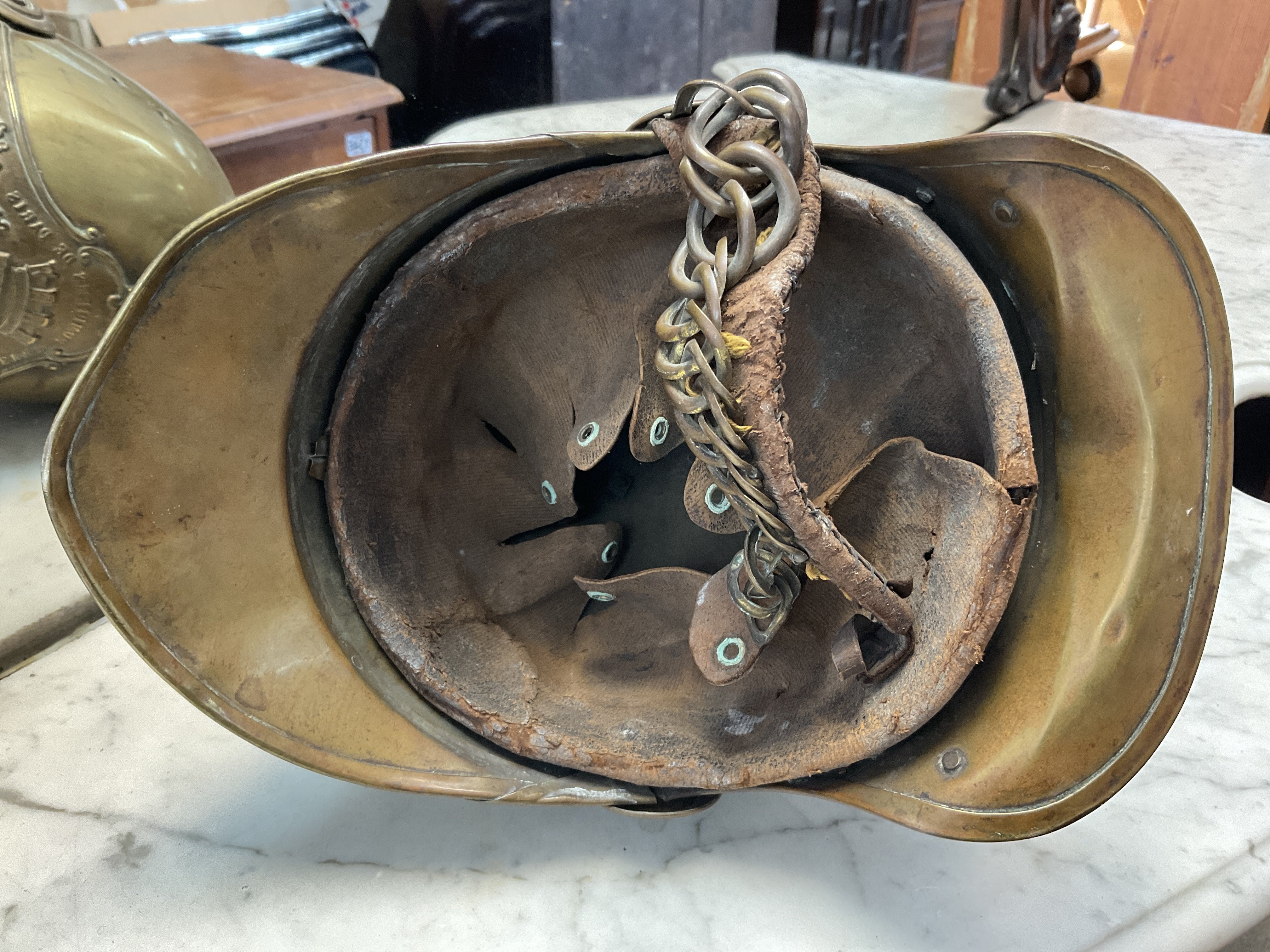 A 19thC French Brass fireman helmet, Sapiers, Pomp - Image 3 of 3