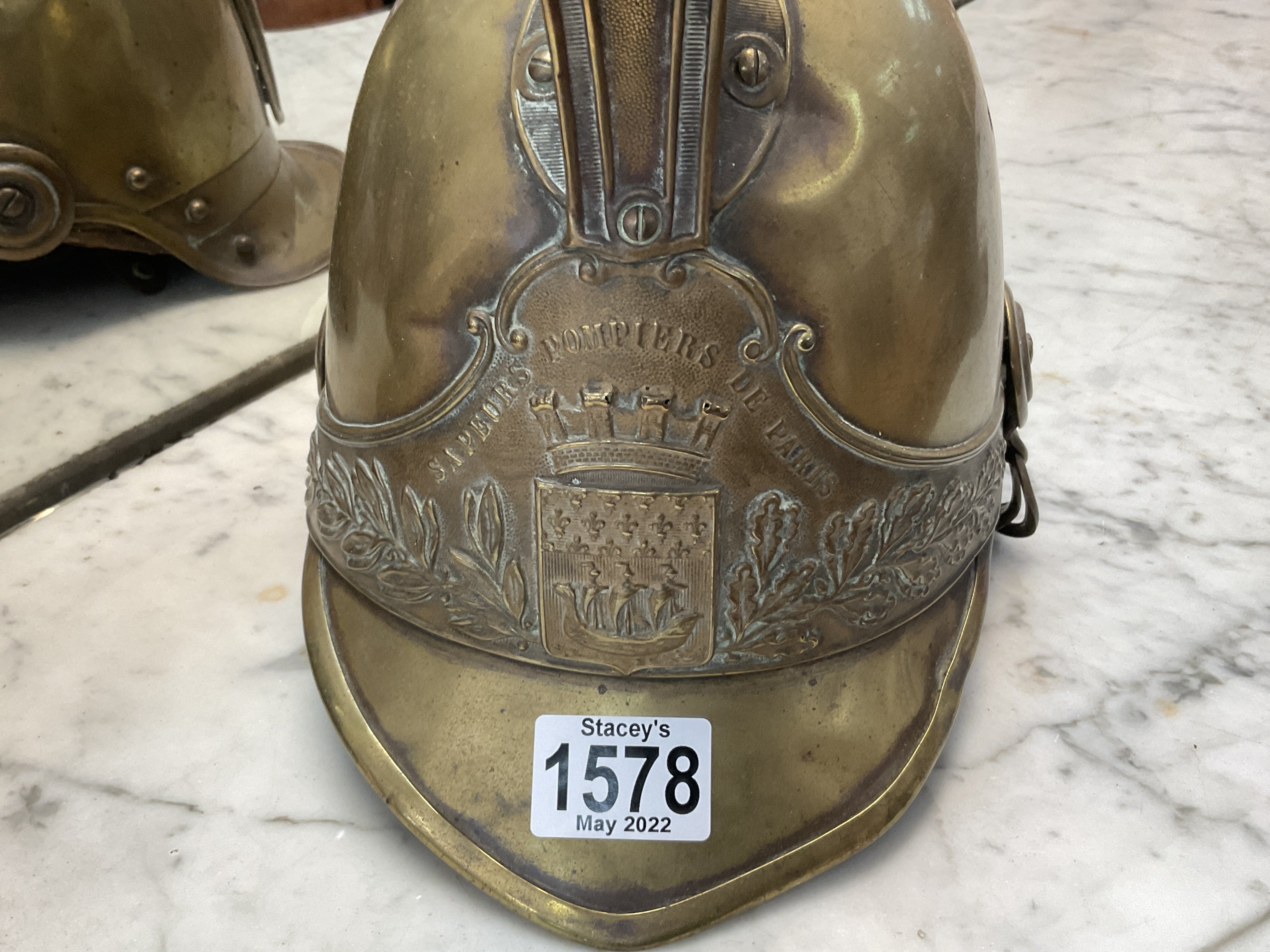 A 19thC French Brass fireman helmet, Sapiers, Pomp - Image 2 of 3