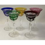 5 multicoloured hand cut coloured hock glasses.