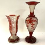 2 Victorian Ruby and clear etched glass vases. 20/