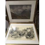 A box of framed pictures and watercolours.