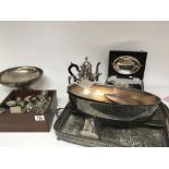A collection of silver plate trays condiments coff