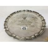 A presentation silver tray with a shaped edge 827g approximately.