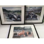 Three framed and glazed Formula One prints by Mich