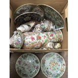 A box of Oriental ceramics comprising mainly famil