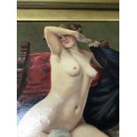 A gilt framed oil on canvas depicting a nude maide