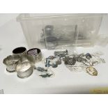 A collection of silver brooches napkin rings and o