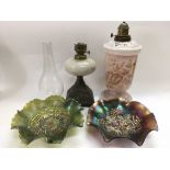Two Victorian oil lamps and two carnival glass dishes (4).