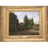 David Cox 1783-1859. A gilt framed oil on canvas landscape depicting a tree lined shore with a