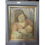 A framed oil on canvas depicting Mother and Child