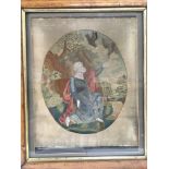 An antique, possibly early Victorian, silk embroidery picture in a maple frame, approx 43cm x 51.