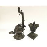 An old bronze table oil lamp,and a small bronze po