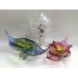 Two Murano glass ornaments and a cut glass lamp (3