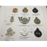 A collection of military cap badges and other badg