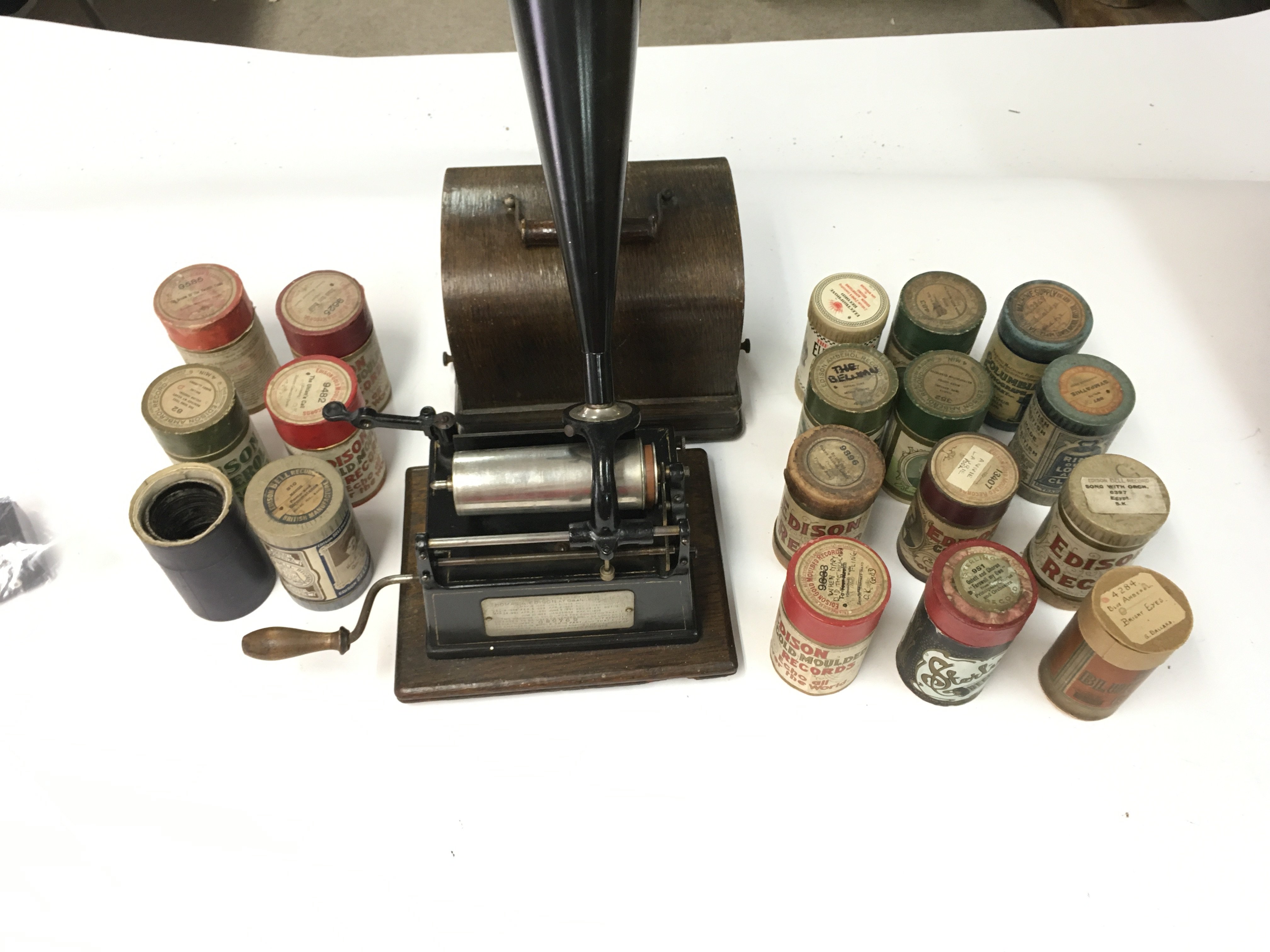 An Edison Gem Phonograph single speed with 18 cylinders.