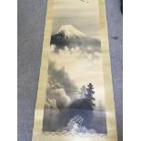 Two Japanese scroll pictures, one of a mountain-by