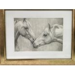 A framed and glazed pencil drawing of two horse ps