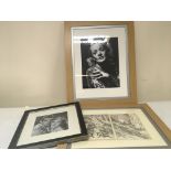 Two well presented framed pictures of actors and actresses and a modern Japanese print (3)