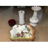 A glass candle holder, a Doulton dish and two Bell