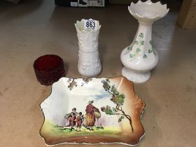 A glass candle holder, a Doulton dish and two Bell
